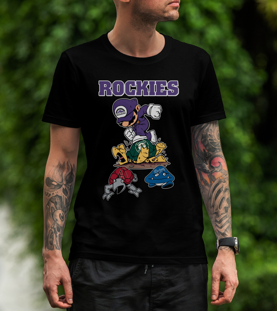 Rockies Character Action With Opponents In Green Yellow Red Blue Gear T-Shirt