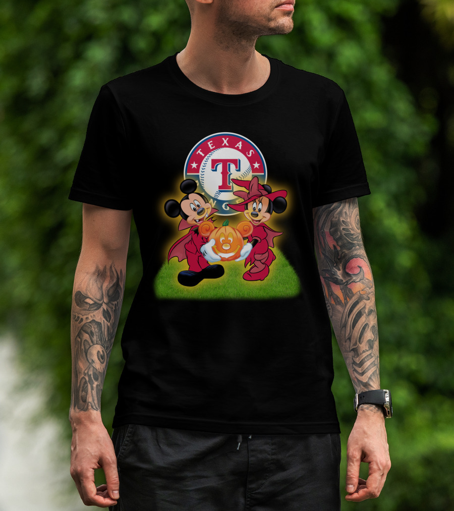 Texas Rangers Halloween Mickey And Minnie With Pumpkin T-Shirt