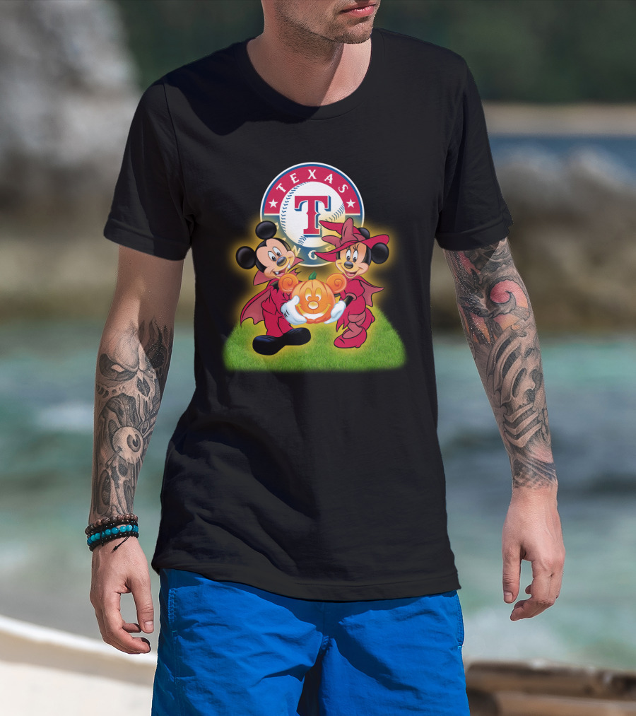 Texas Rangers Halloween Mickey And Minnie With Pumpkin T-Shirt