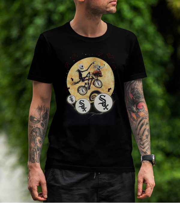White Sox Halloween Skeleton And Dog On Bicycle Moon T-Shirt
