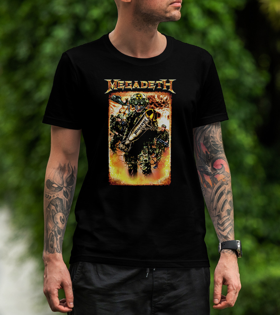Megadeth Soldiers Holding Bomb With Radiation Symbol In Fiery T-Shirt