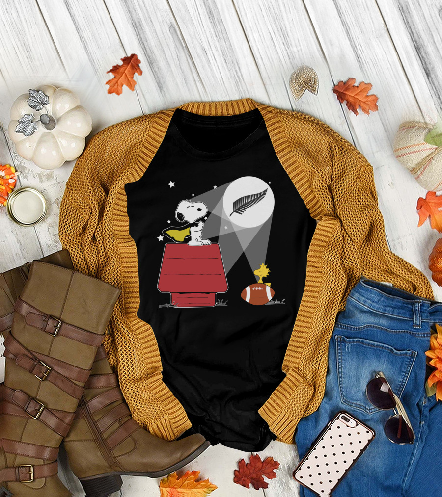 All Blacks Rugby Snoopy Woodstock Fern Moonlight Scene T-Shirt