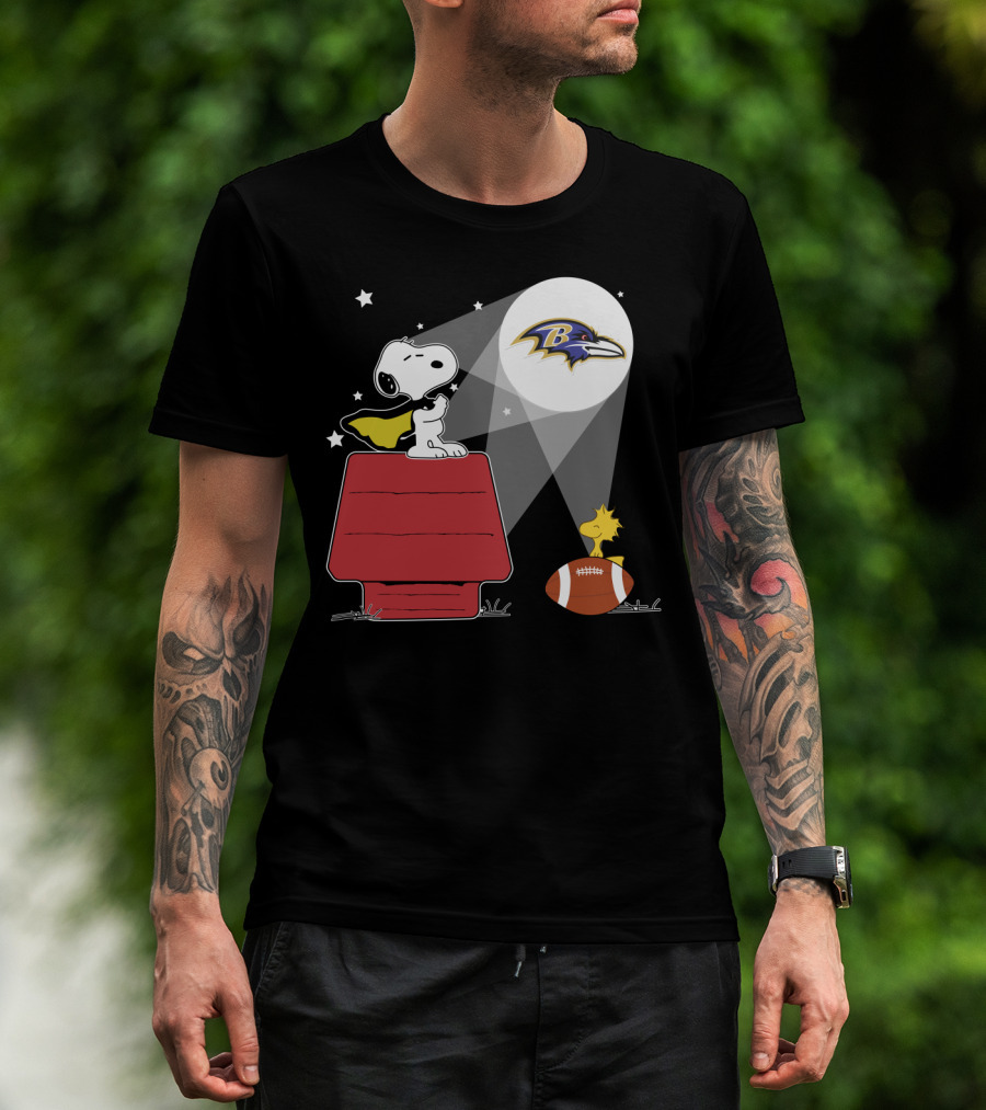 Snoopy And Woodstock With Baltimore Ravens Football And Logo Moon T-Shirt