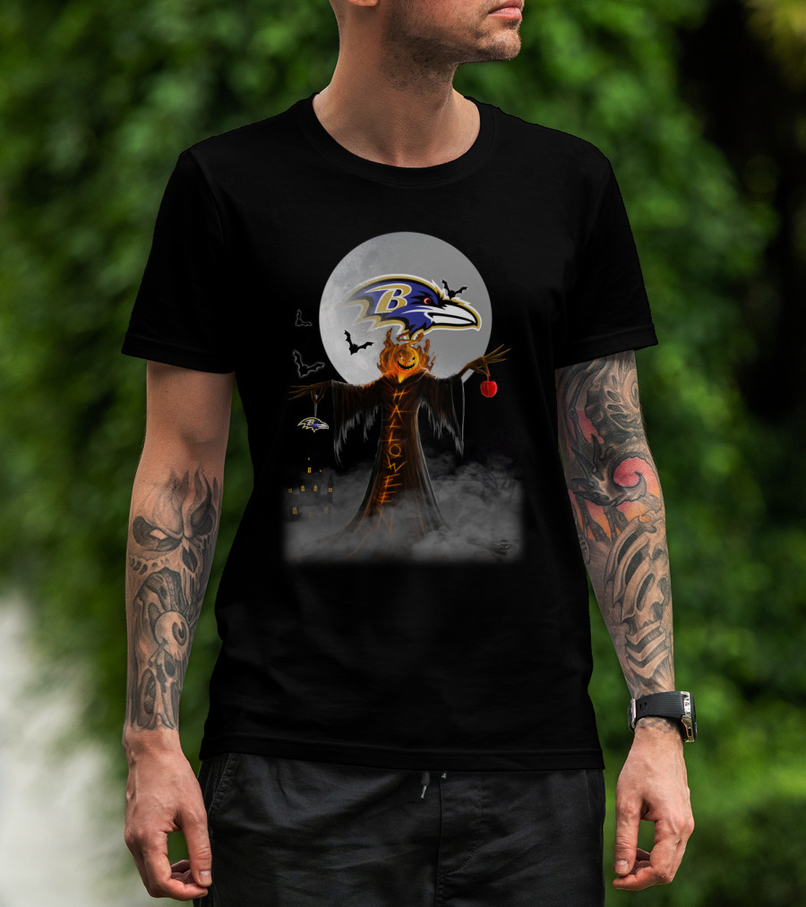 Baltimore Ravens Halloween Moon With Scarecrow And Pumpkin Head T-Shirt