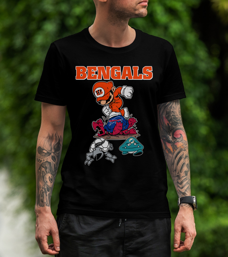 Bengals Mario Parody Knocking Out Football Opponents T-Shirt