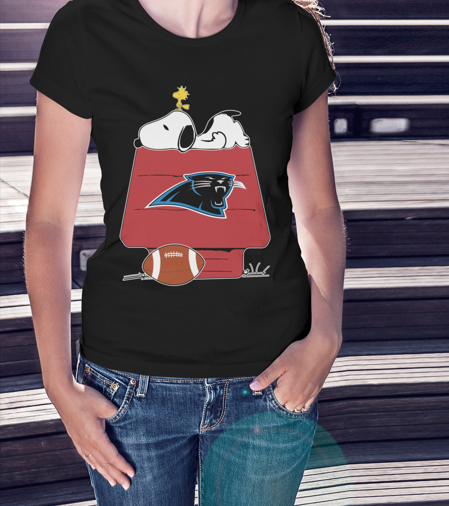 Snoopy And Woodstock On Doghouse With Carolina Panthers Logo And Football T-Shirt