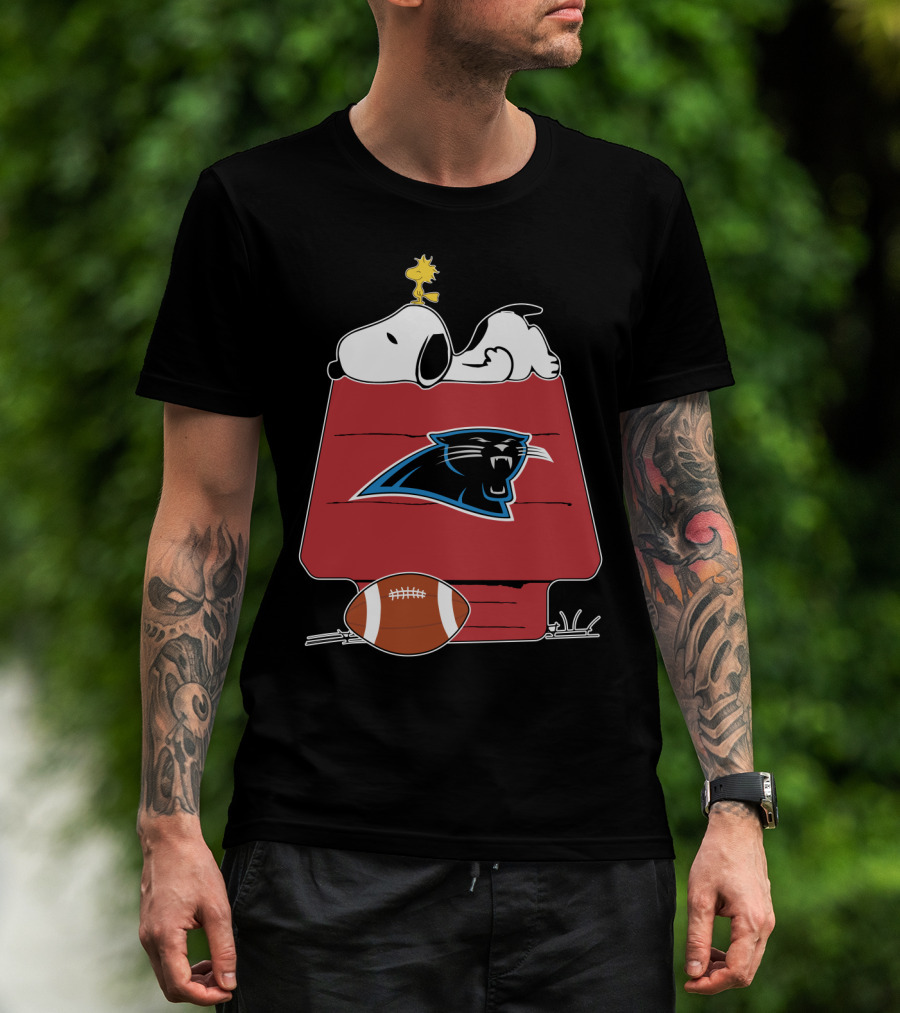 Snoopy And Woodstock On Doghouse With Carolina Panthers Logo And Football T-Shirt