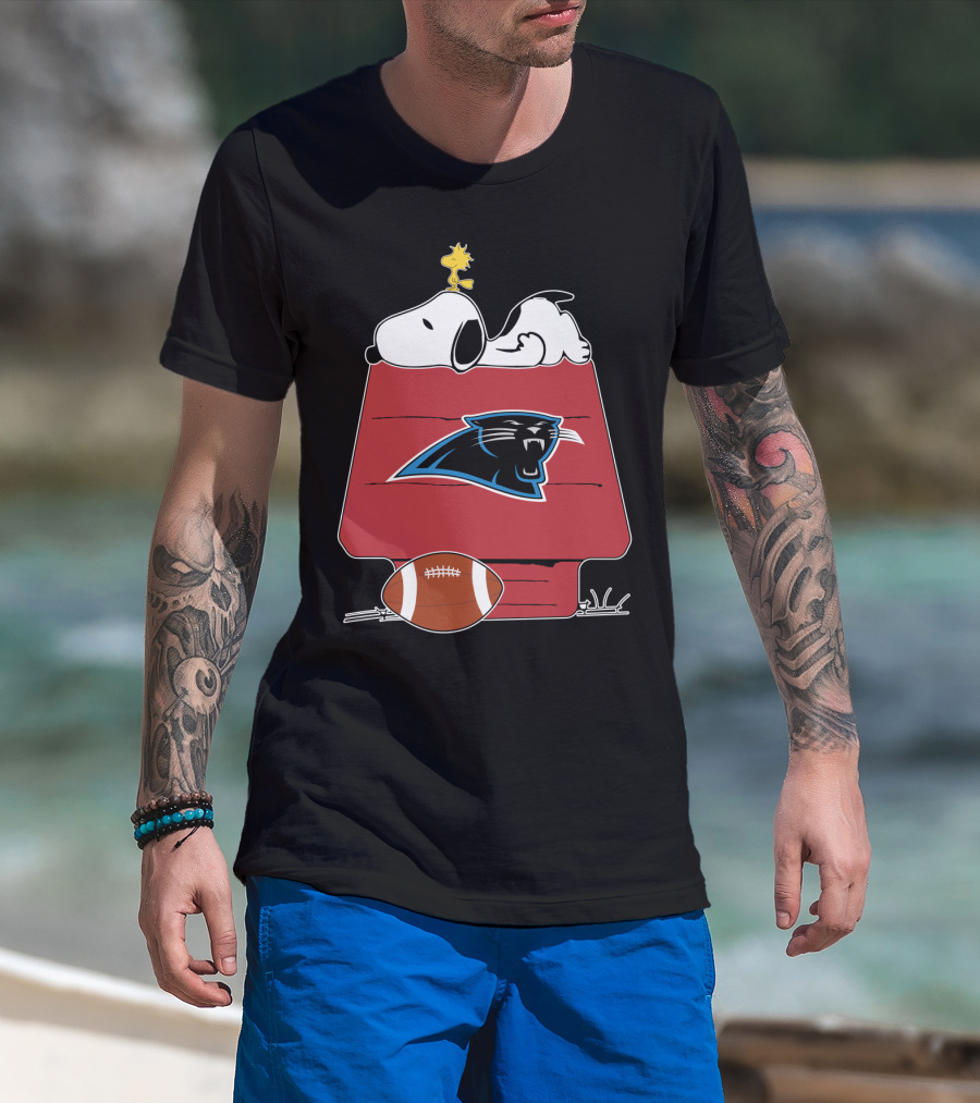 Snoopy And Woodstock On Doghouse With Carolina Panthers Logo And Football T-Shirt