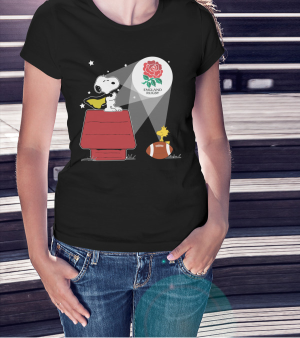 England Rugby RFU Snoopy Doghouse Spotlight With Woodstock And Rugby Ball T-Shirt