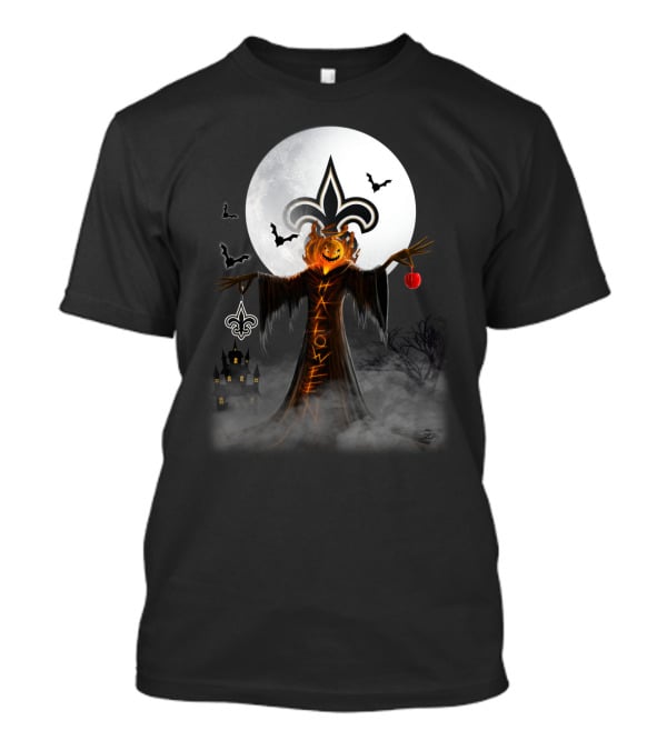 New Orleans Saints Halloween Pumpkin Head With Crescent Moon And Bats T-Shirt