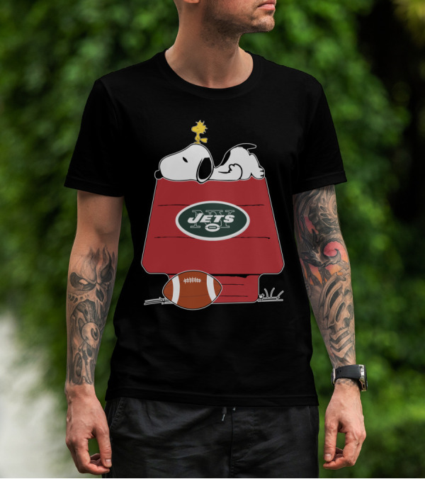 Snoopy On Doghouse With New York Jets Football Logo And Woodstock T-Shirt