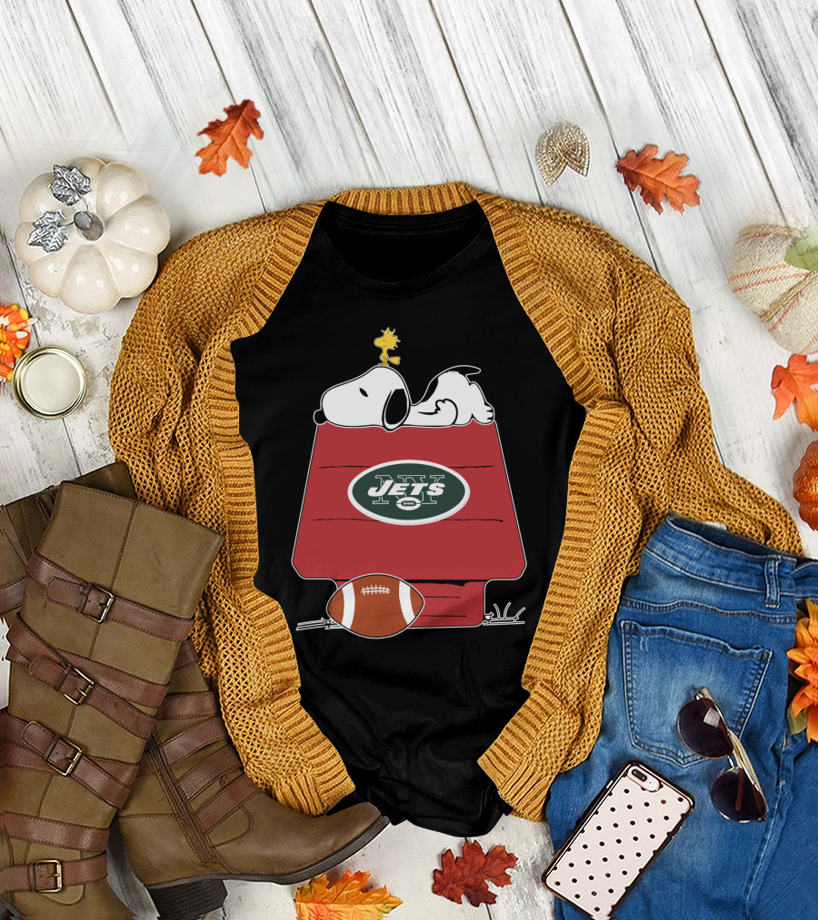 Snoopy On Doghouse With New York Jets Football Logo And Woodstock T-Shirt