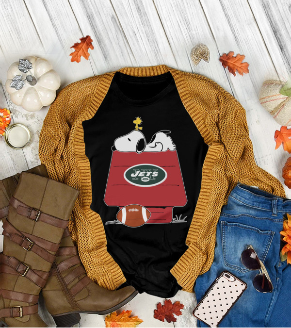 Snoopy On Doghouse With New York Jets Football Logo And Woodstock T-Shirt