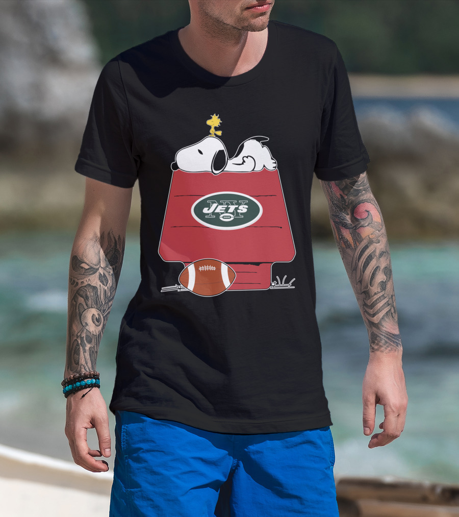 Snoopy On Doghouse With New York Jets Football Logo And Woodstock T-Shirt