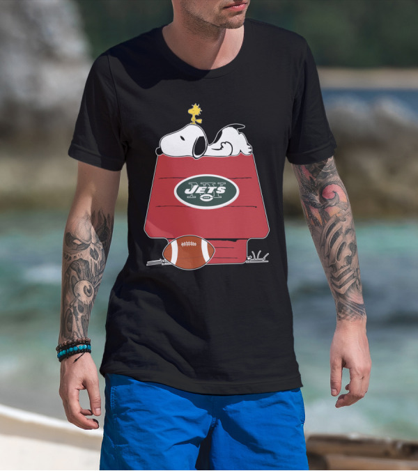 Snoopy On Doghouse With New York Jets Football Logo And Woodstock T-Shirt