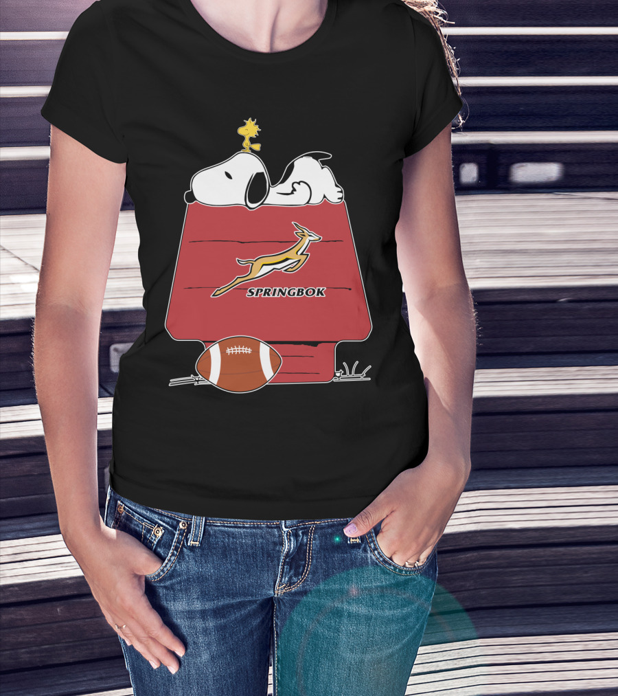Snoopy Springbok Rugby House With Football And Woodstock T-Shirt
