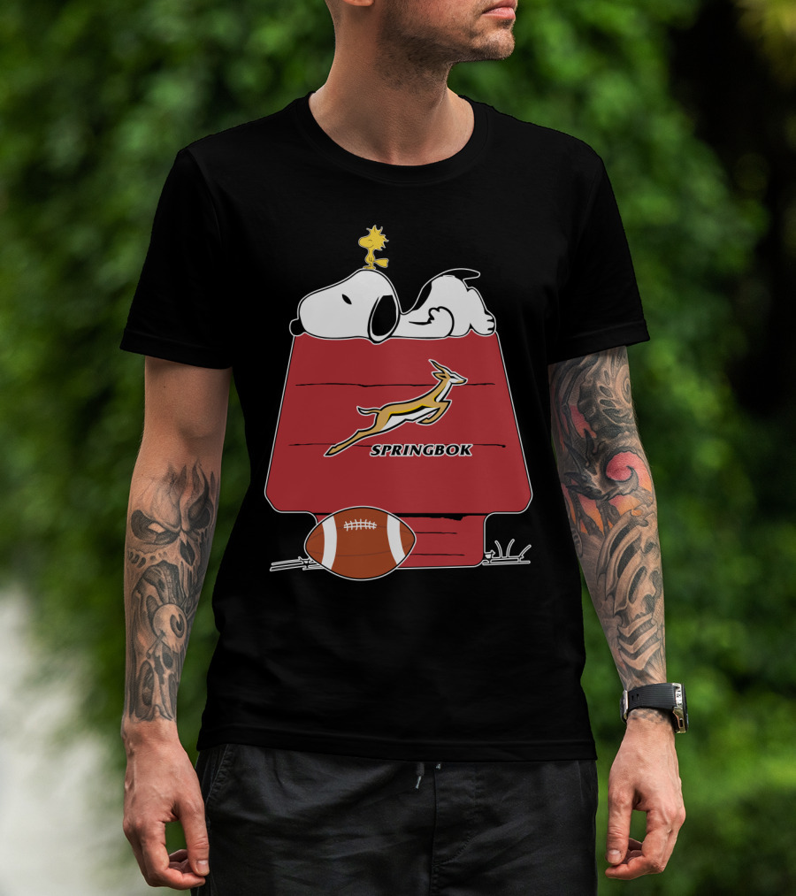 Snoopy Springbok Rugby House With Football And Woodstock T-Shirt