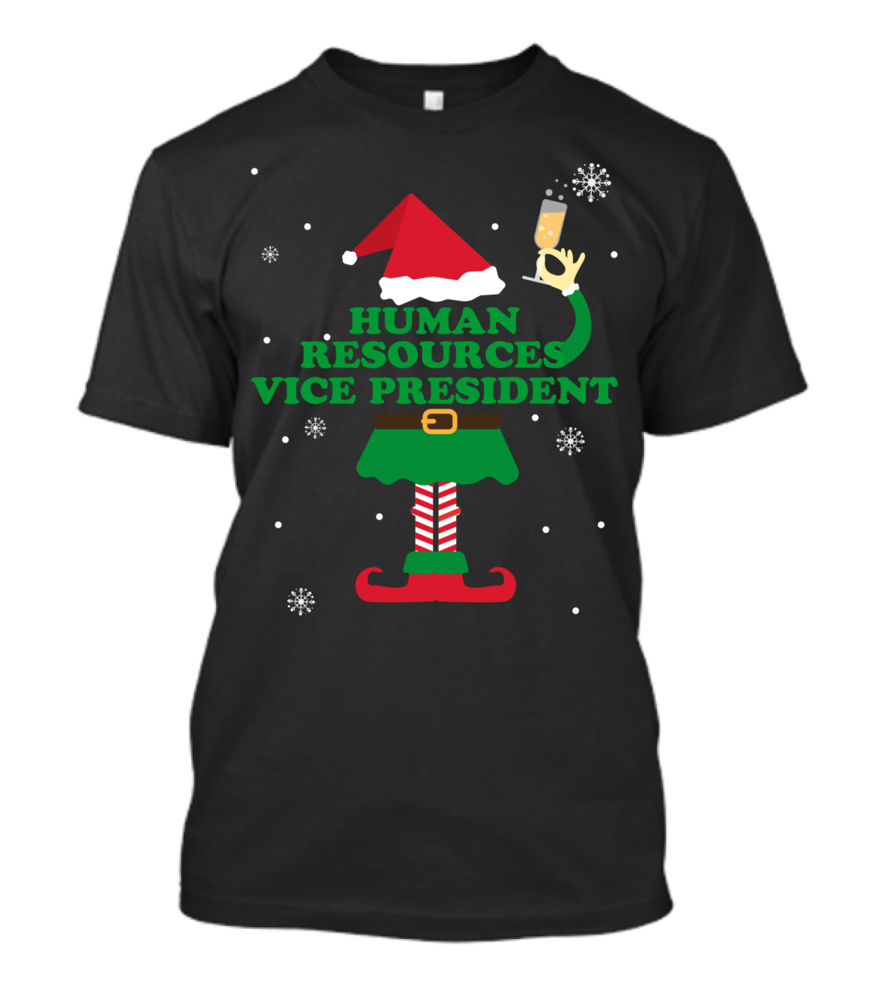 Human Resources Vice President Elf Festive Cheers With Champagne And Snowflakes T-Shirt