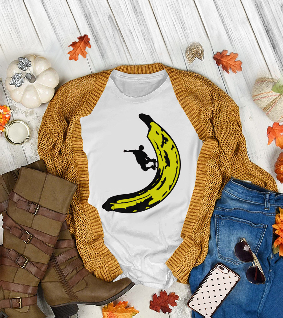 Banana Shaped Skateboard Ramp with Silhouette Skater Jumping T-Shirt