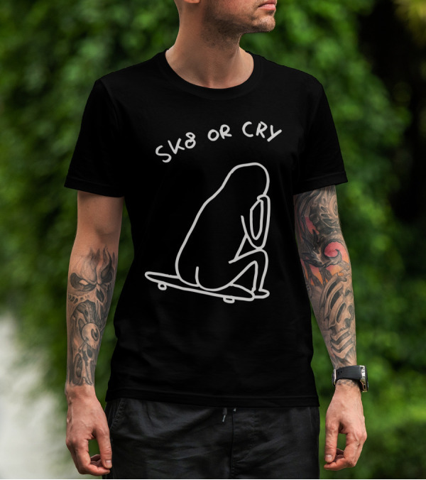 Sk8 Or Cry Minimalist Outline Sitting Figure On Skateboard T-Shirt