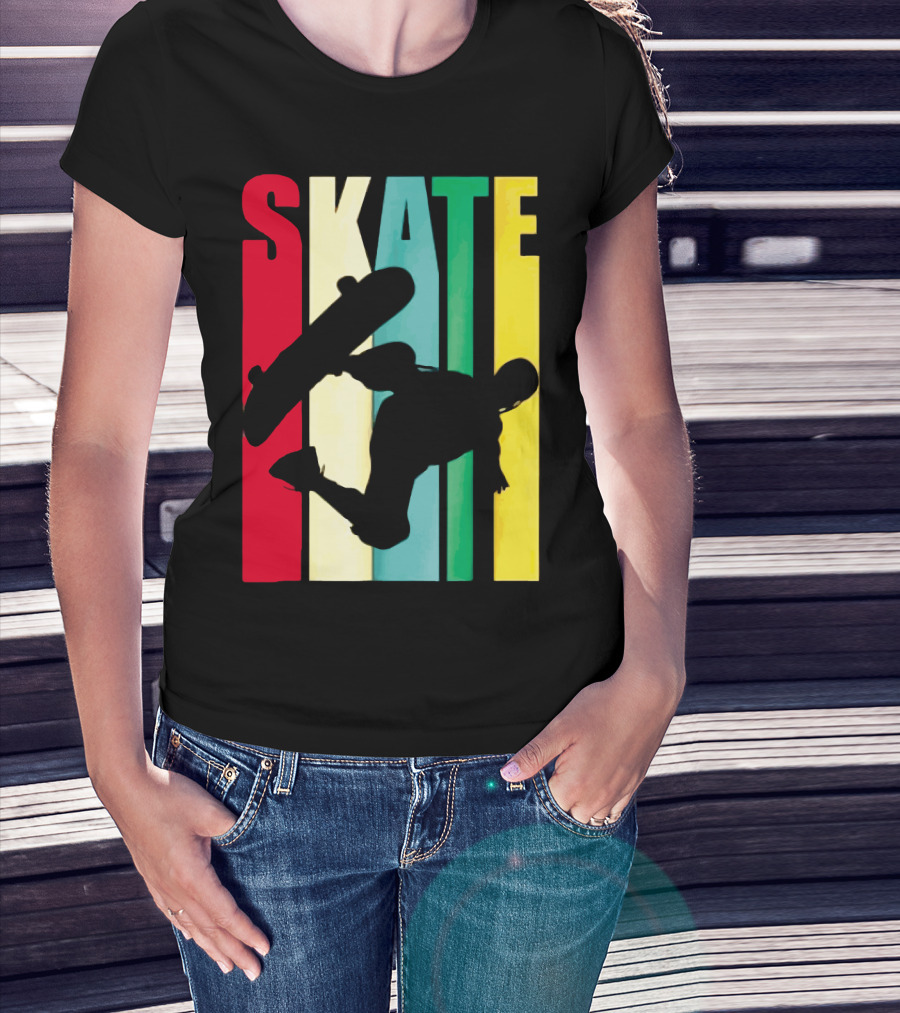 Skate Colorful Retro Vintage Skateboarding Silhouette T-Shirt