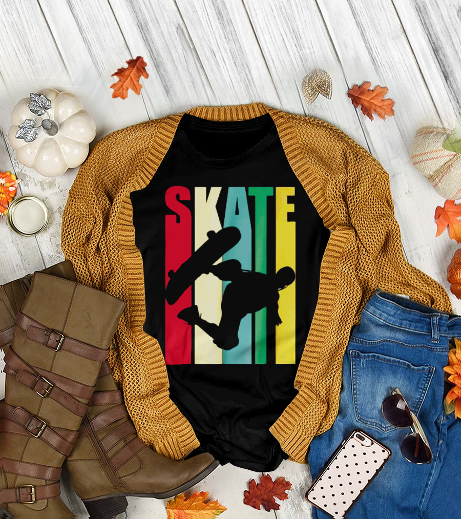 Skate Colorful Retro Vintage Skateboarding Silhouette T-Shirt