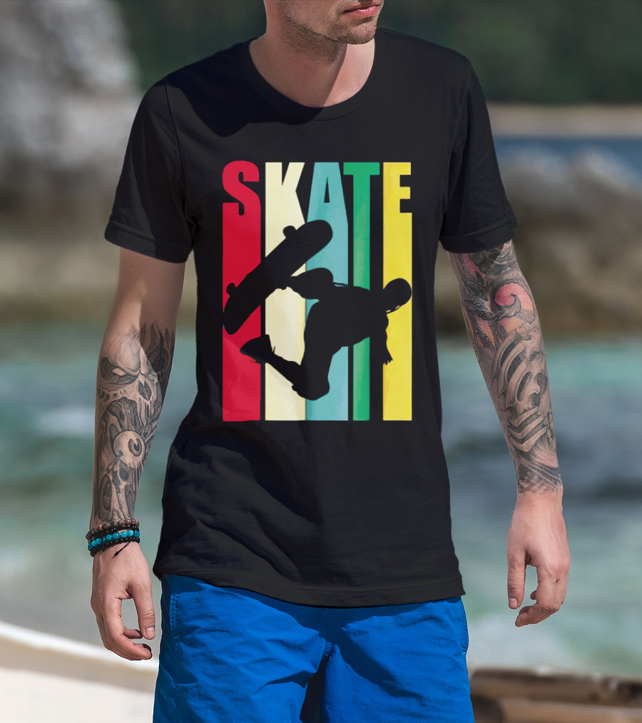 Skate Colorful Retro Vintage Skateboarding Silhouette T-Shirt
