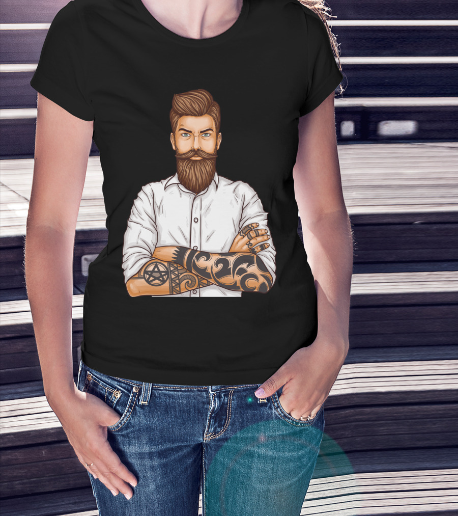 Barber Style Bearded Man With Tattoo T-Shirt