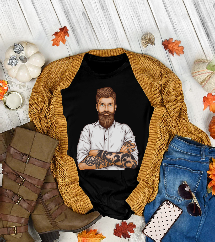 Barber Style Bearded Man with Tattoo T-Shirt