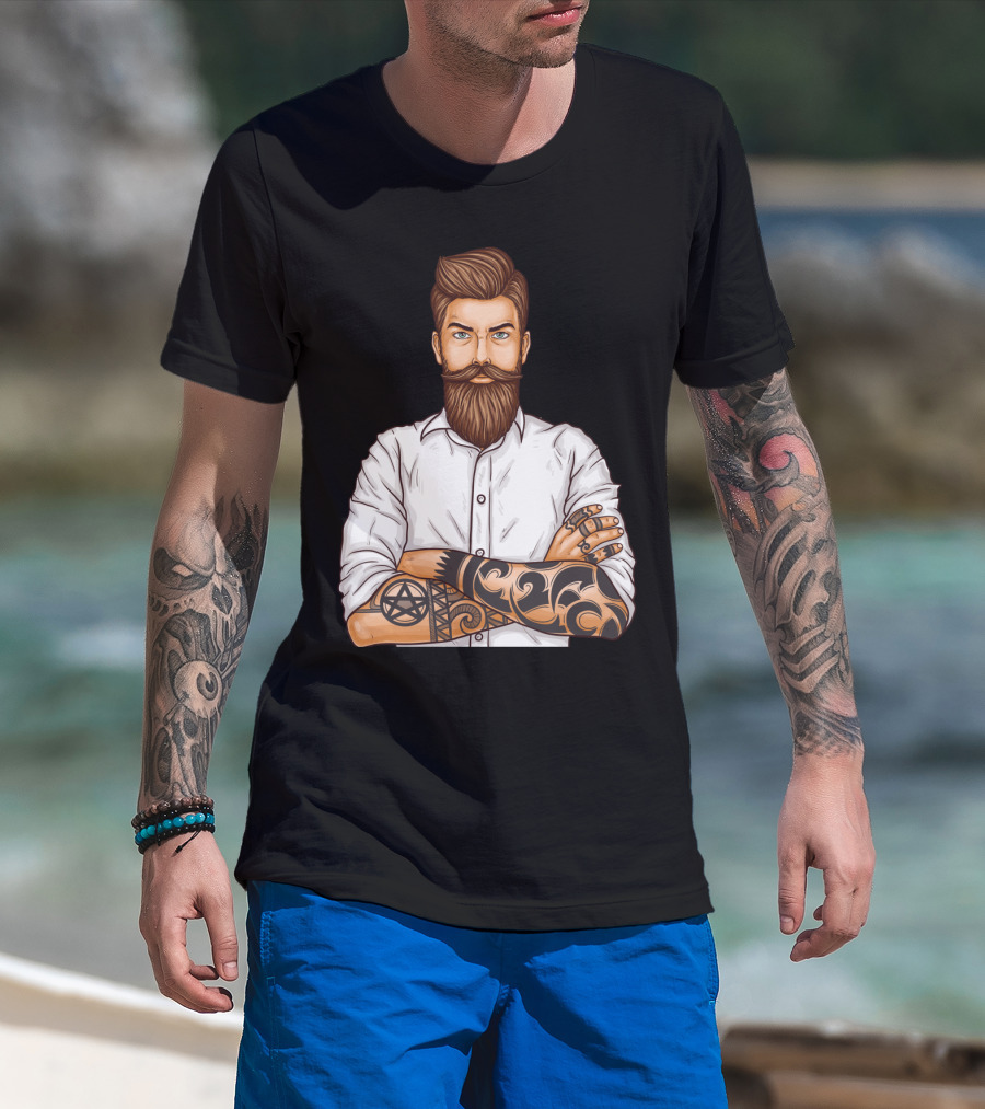 Barber Style Bearded Man With Tattoo T-Shirt