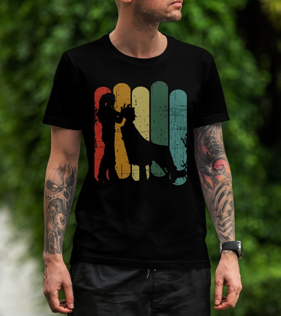 Vintage Retro Hair Stylist Silhouette On Multicolor Stripes T-Shirt