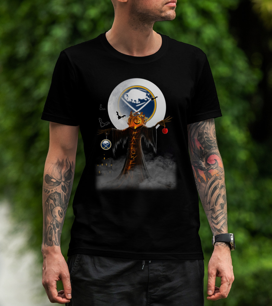 Halloween Buffalo Sabres Logo With Pumpkin Head Grim Reaper And Bats T-Shirt