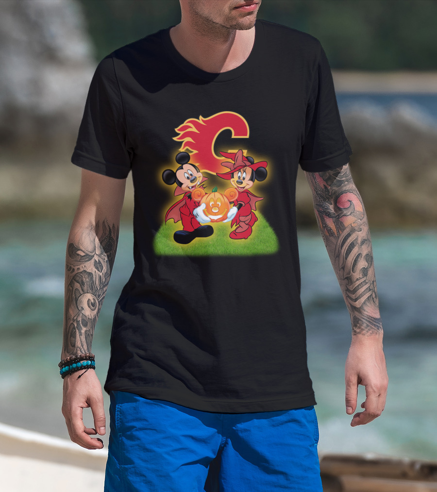 Calgary Flames Mickey And Minnie Halloween Pumpkin T-Shirt
