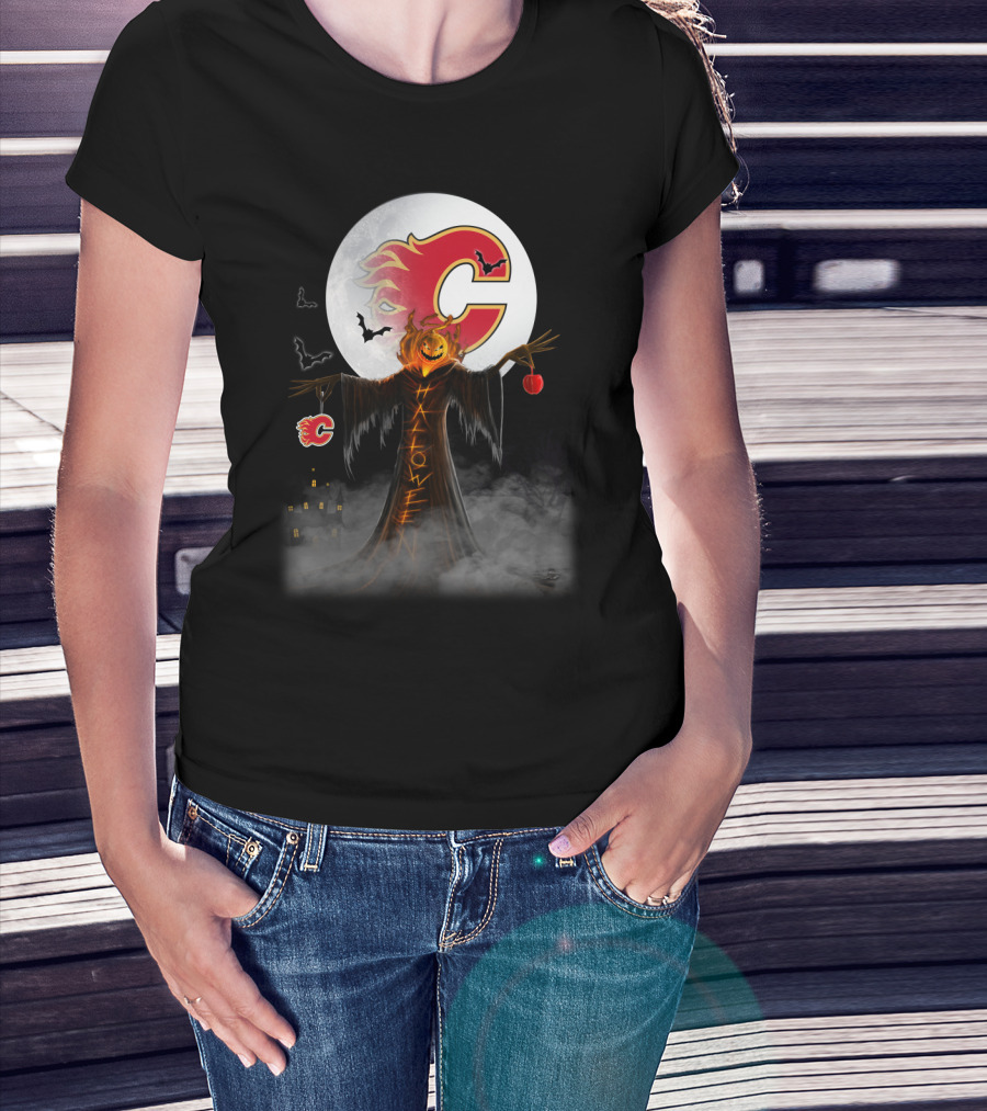 Halloween Calgary Flames Spooky Pumpkin Head With Full Moon And Bats T-Shirt