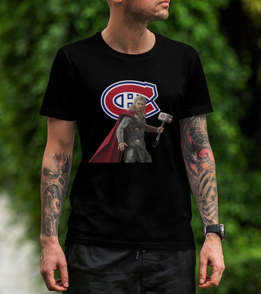 Canadiens Logo With Hero Holding Mjölnir Hammer T-Shirt