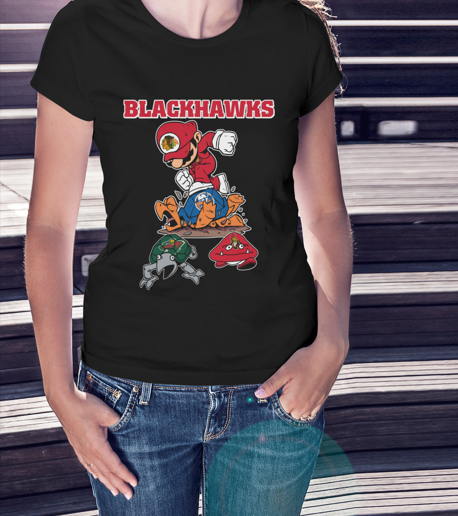 Chicago Blackhawks Hockey Mashup With Iconic Characters And Logos T-Shirt