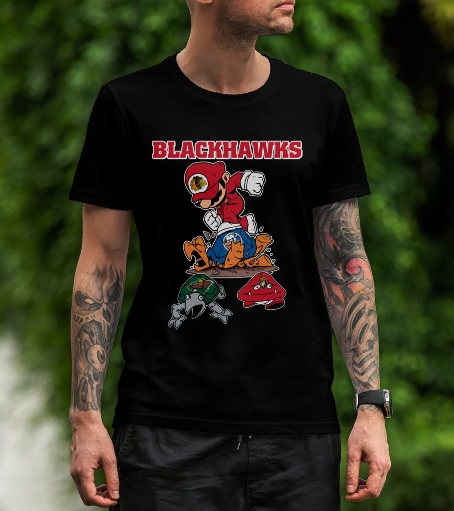 Chicago Blackhawks Hockey Mashup With Iconic Characters And Logos T-Shirt