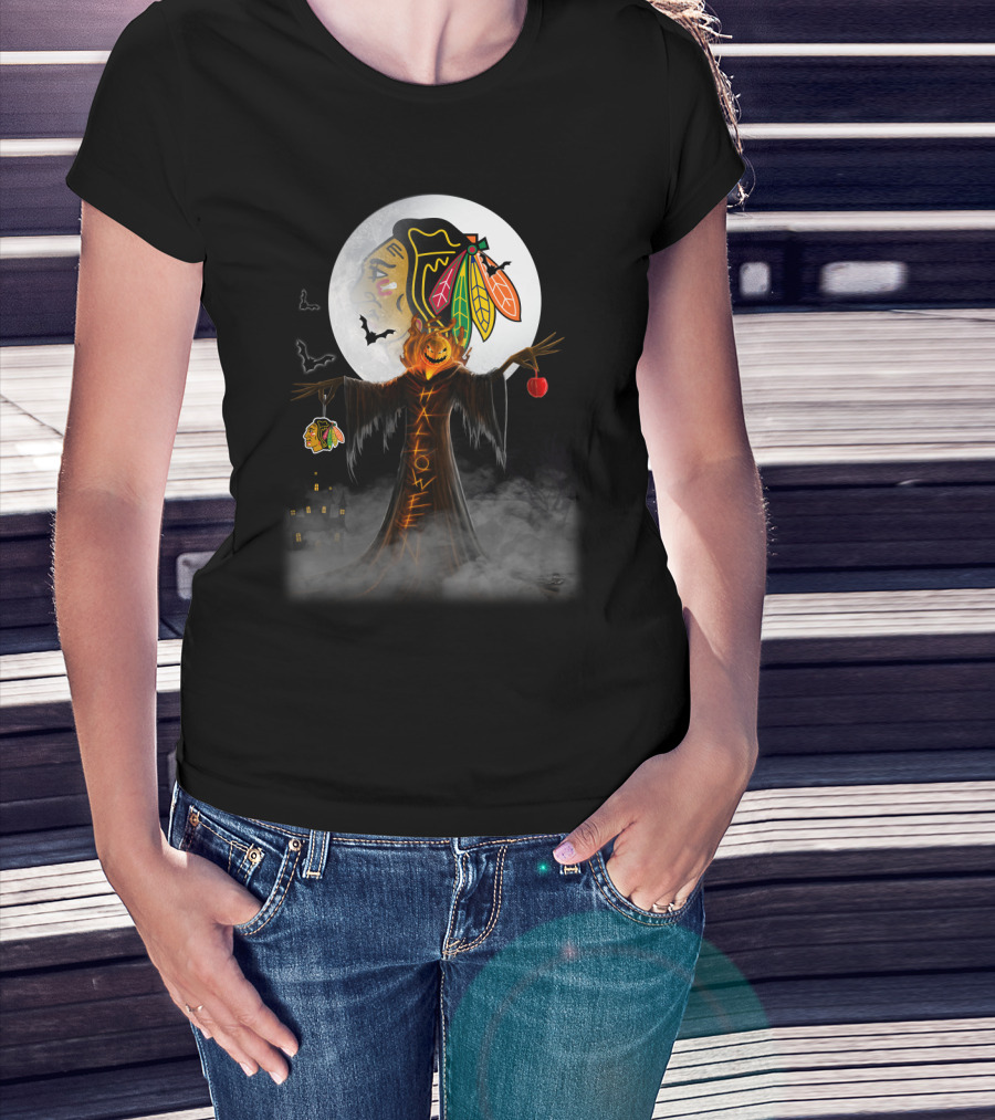 Halloween Chicago Blackhawks Moonlit Pumpkin Scarecrow Bats T-Shirt
