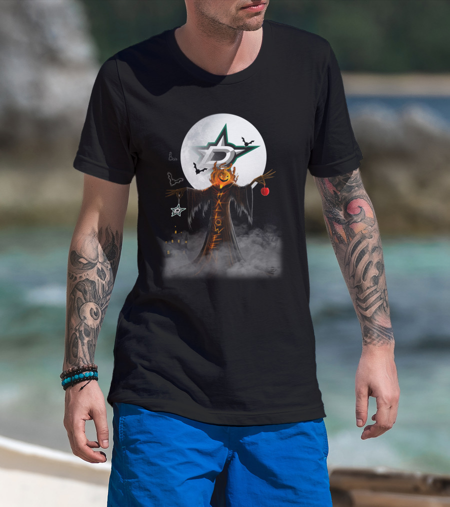 Halloween Dallas Stars Pumpkin Head With Bats And Moon T-Shirt