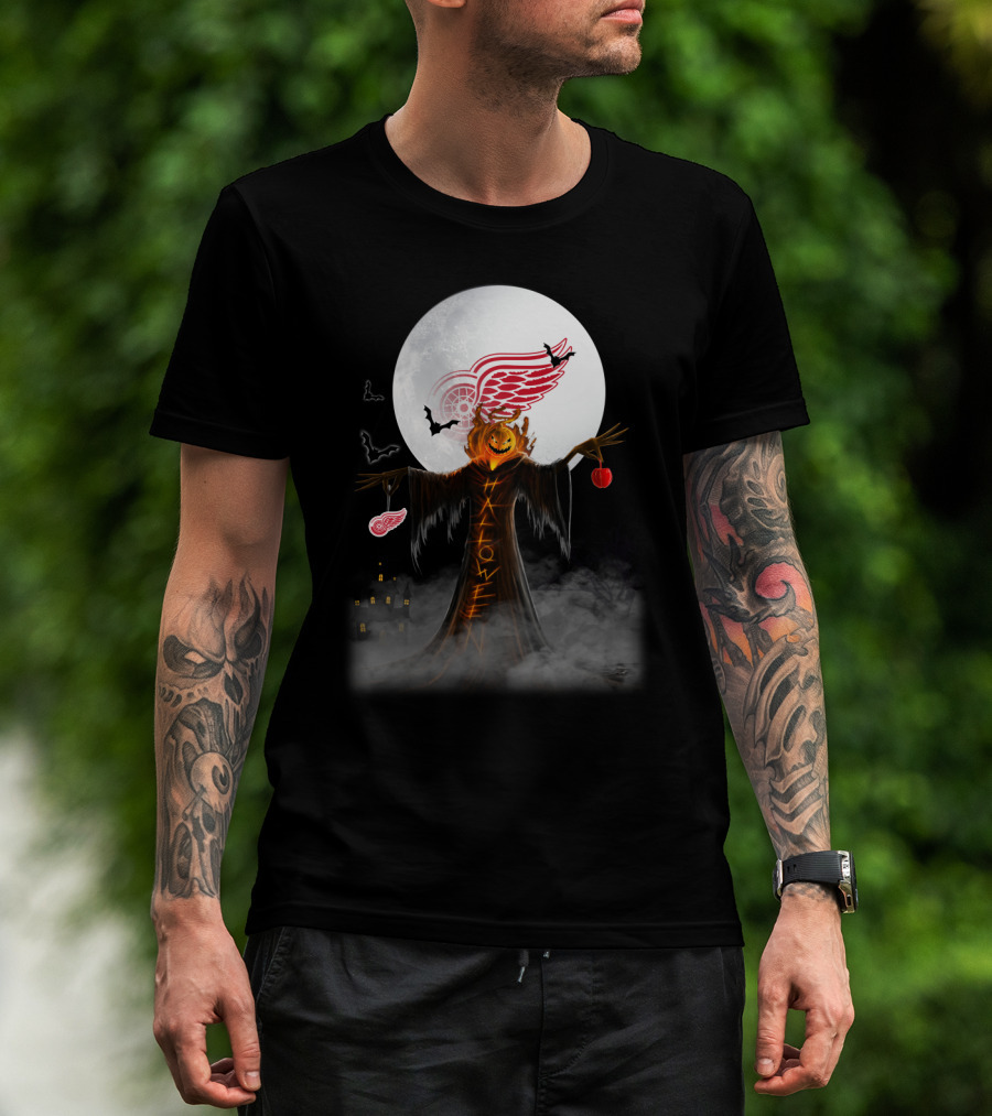 Halloween Detroit Red Wings Pumpkin Moon Bats Castle T-Shirt