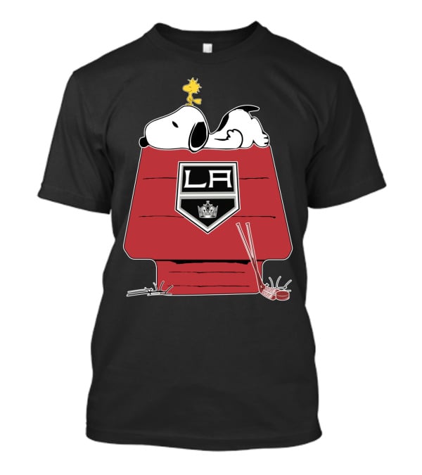 La Kings Snoopy On Doghouse With Hockey Sticks And Puck T-Shirt