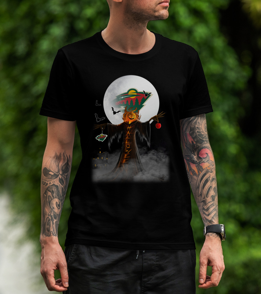 Halloween Pumpkin Scarecrow With Minnesota Wild Logo And Bats In Moonlit Haunted Scene T-Shirt