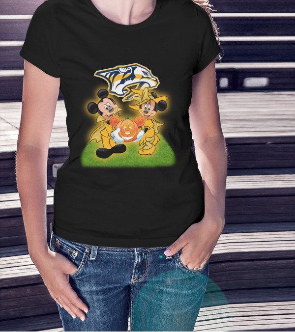 Mickey And Minnie Halloween Nashville Predators Pumpkin T-Shirt