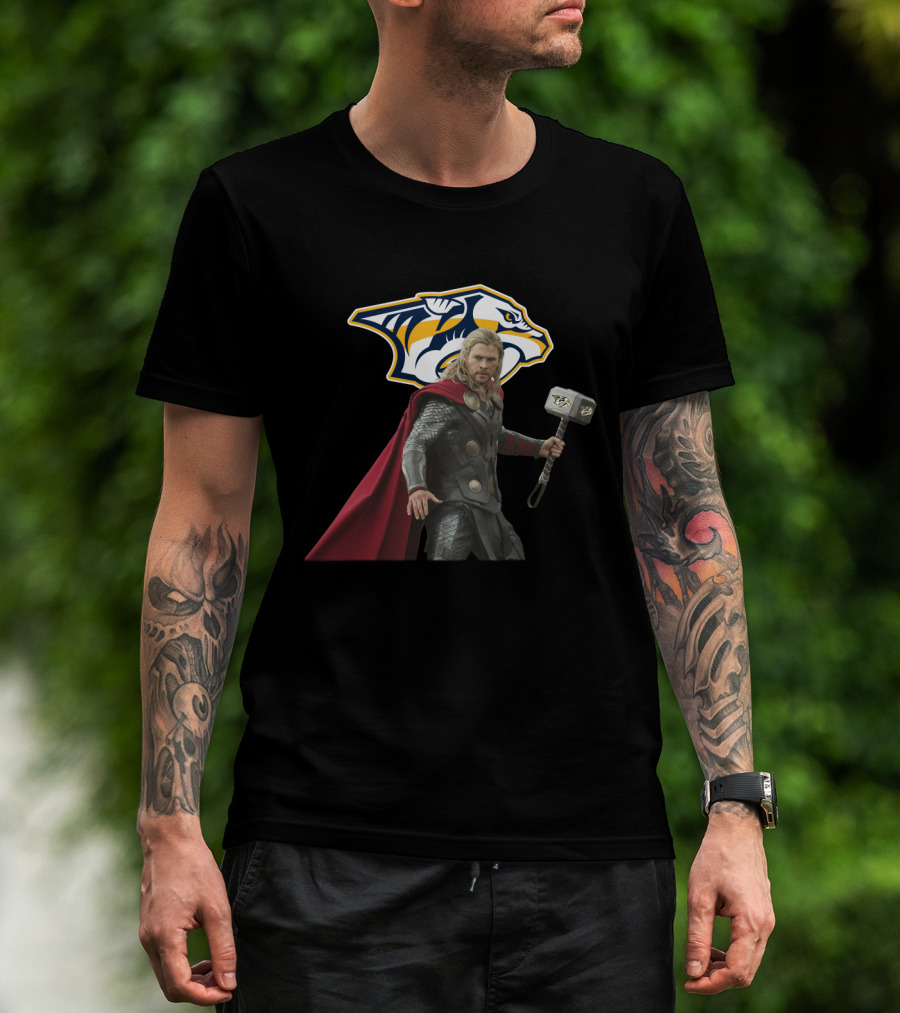 Nashville Predators Thor Crossover With Hockey Logo And Hammer T-Shirt