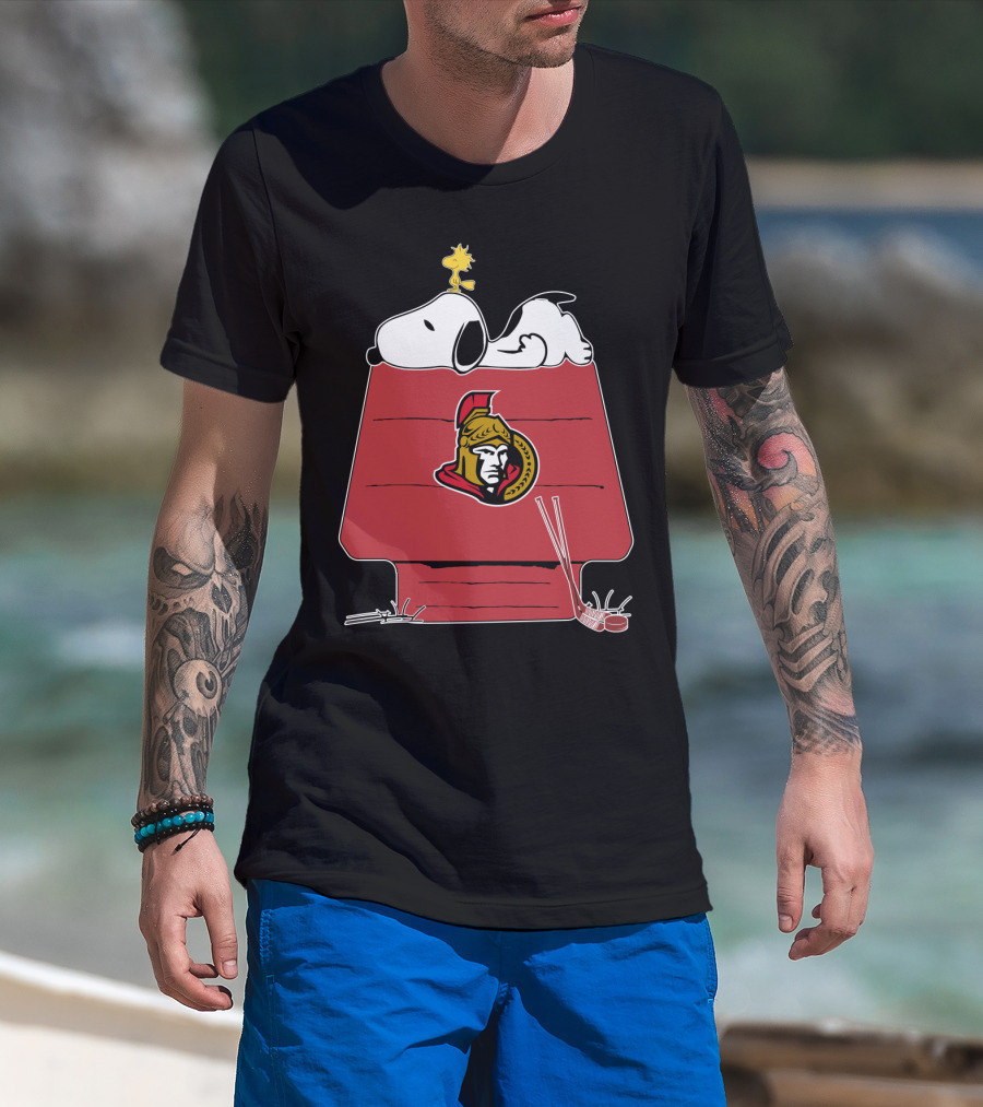 Snoopy And Woodstock On Ottawa Senators Doghouse With Hockey Sticks T-Shirt
