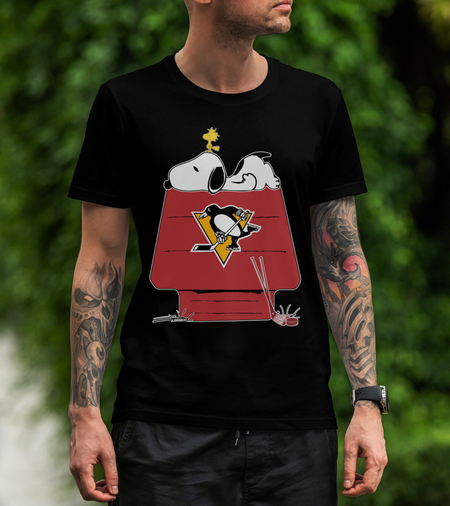 Snoopy Penguins Hockey House Featuring Woodstock And Penguins T-Shirt