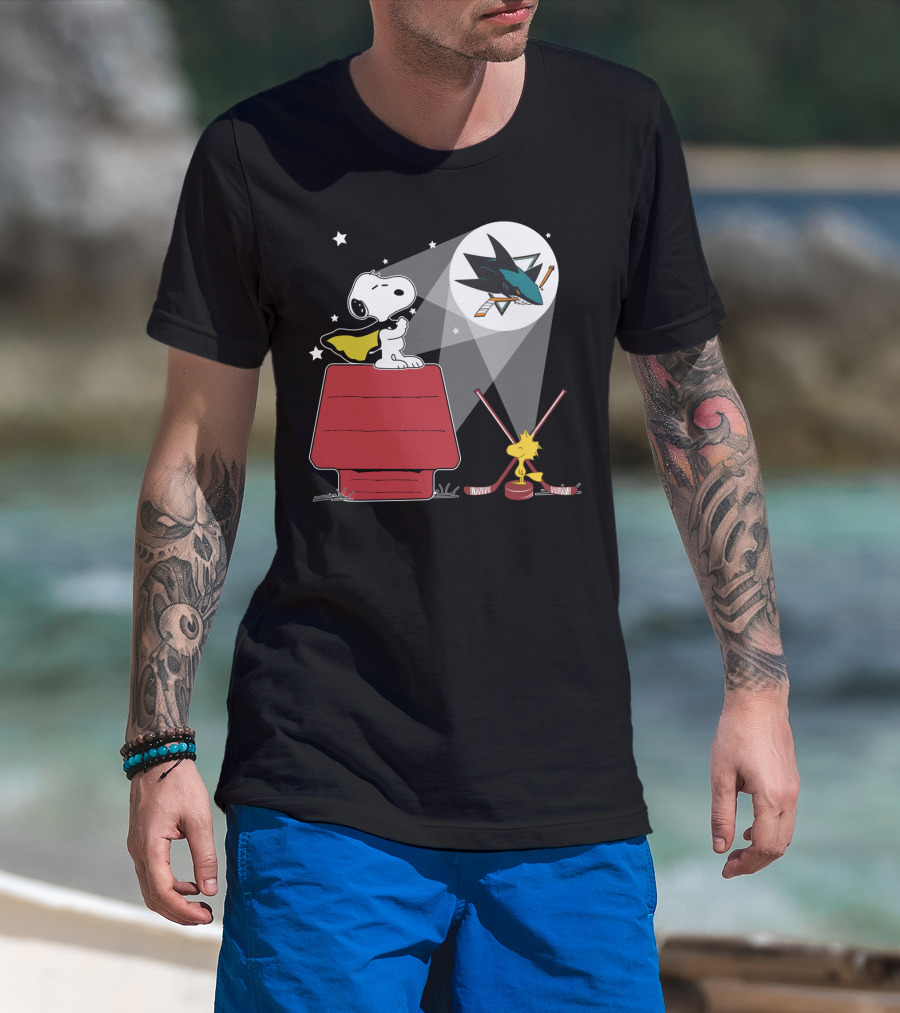 Snoopy Woodstock San Jose Sharks Nhl Fan Art Moonlight Scene T-Shirt