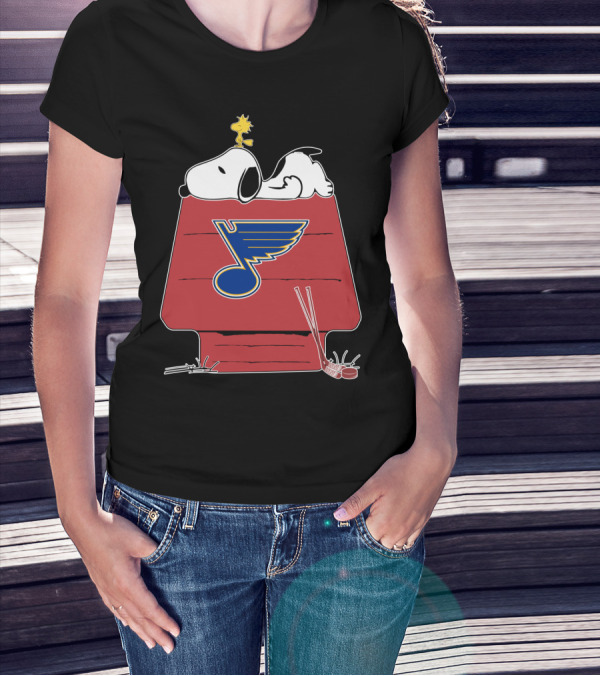Snoopy And Woodstock With St. Louis Blues Logo On Doghouse T-Shirt