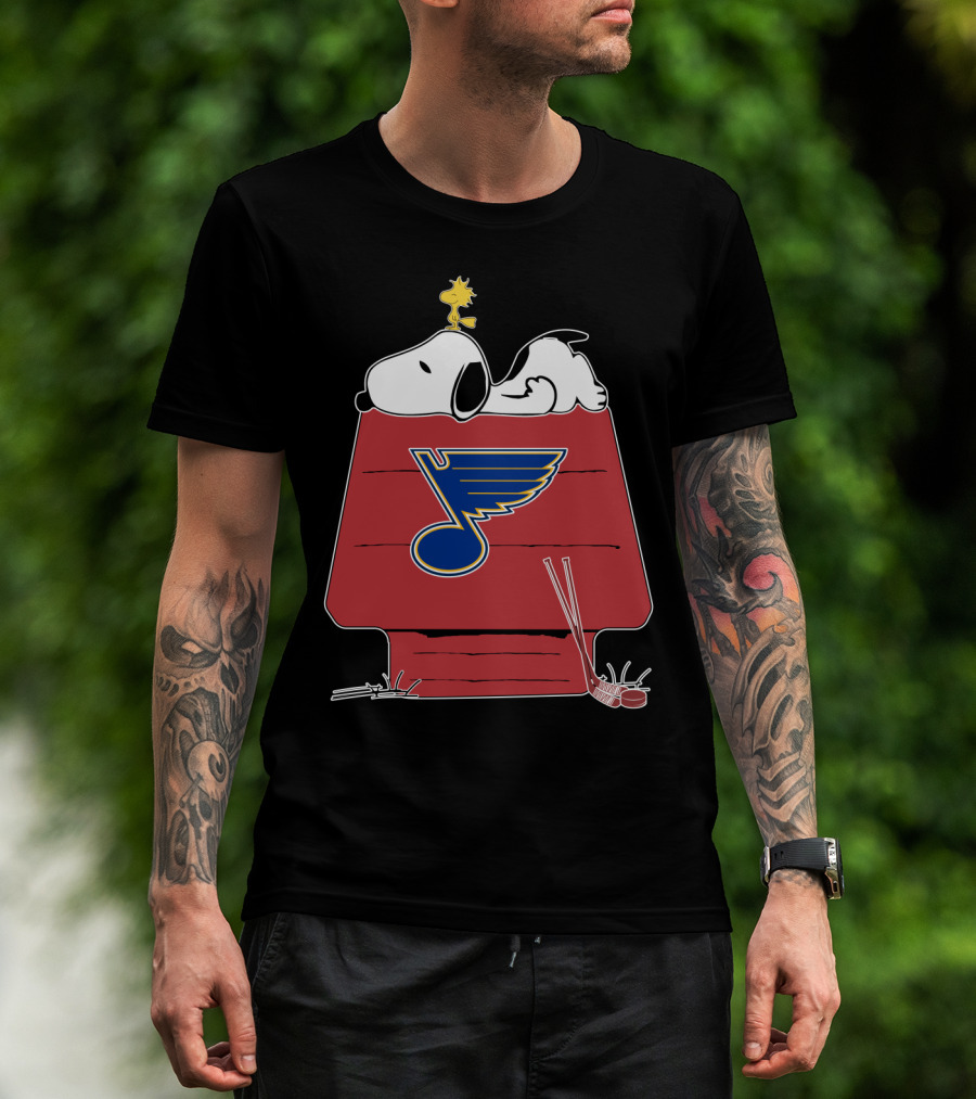Snoopy And Woodstock With St. Louis Blues Logo On Doghouse T-Shirt