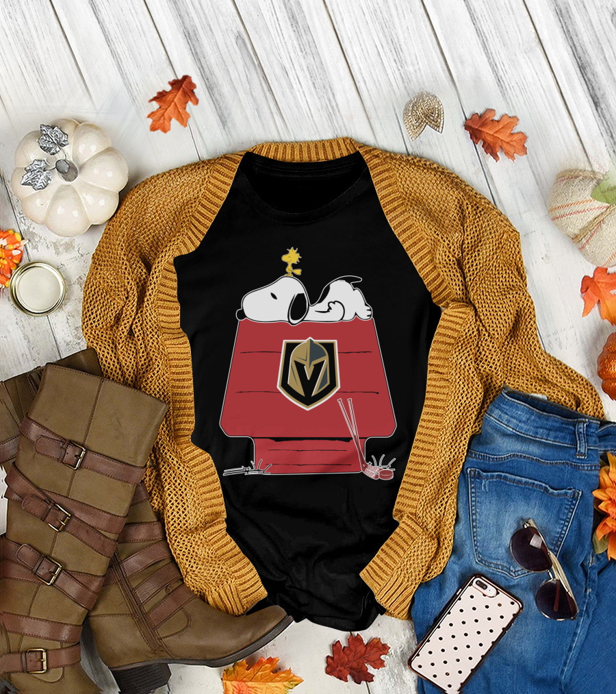 Snoopy Relaxing on Doghouse with Vegas Golden Knights Logo Featuring Hockey Sticks and Woodstock T-Shirt